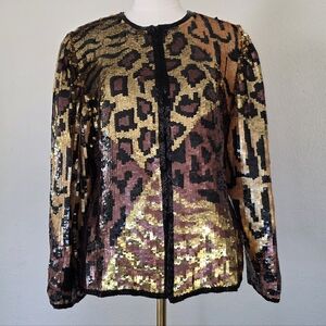 Vintage Laurence Kazar Silk Sequin Animal Print Jacket Gold Leopard Statement L